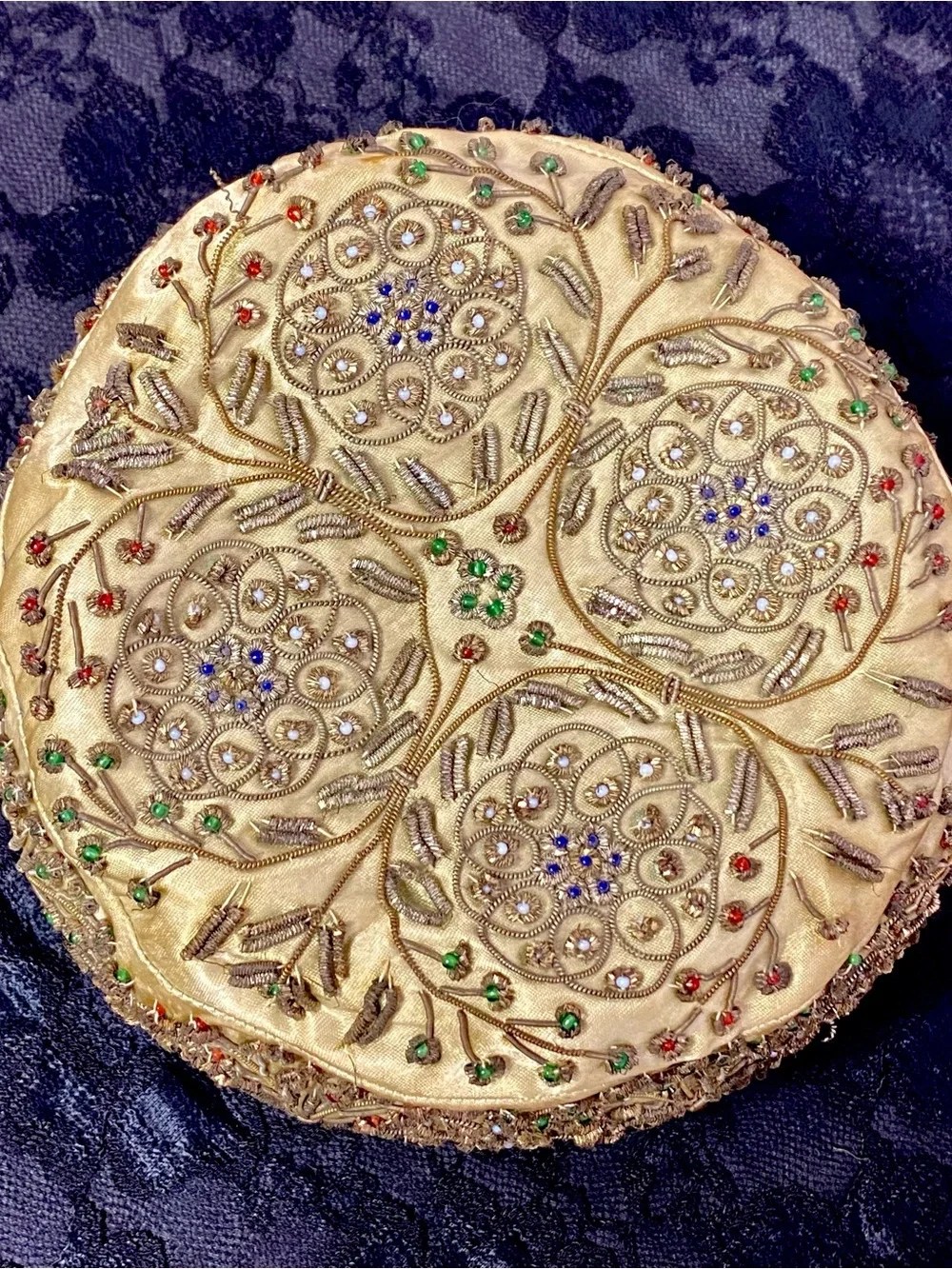 VTG Antique Zardozi Embroidered Pillbox Hat Gold Metallic Bead Nawabi Topi Cap - Picture 3 of 7